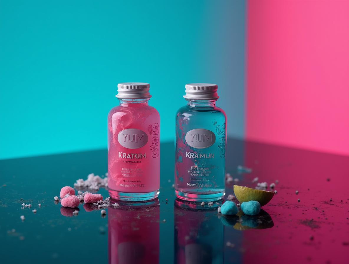 Premium YUM kratom extract shots with bubble gum and tropical breeze flavors