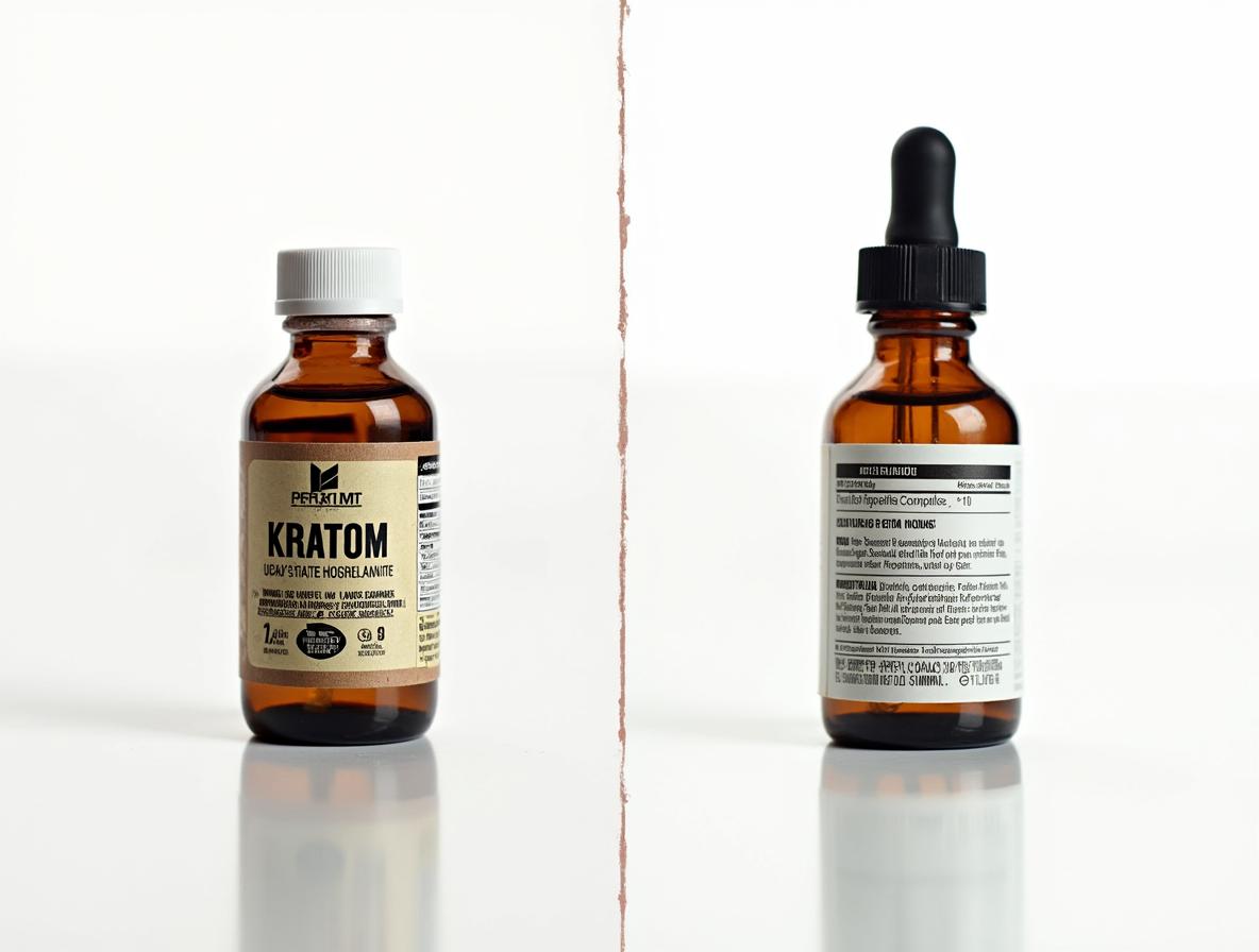 Comparison of low-quality vs high-quality kratom products showing packaging differences