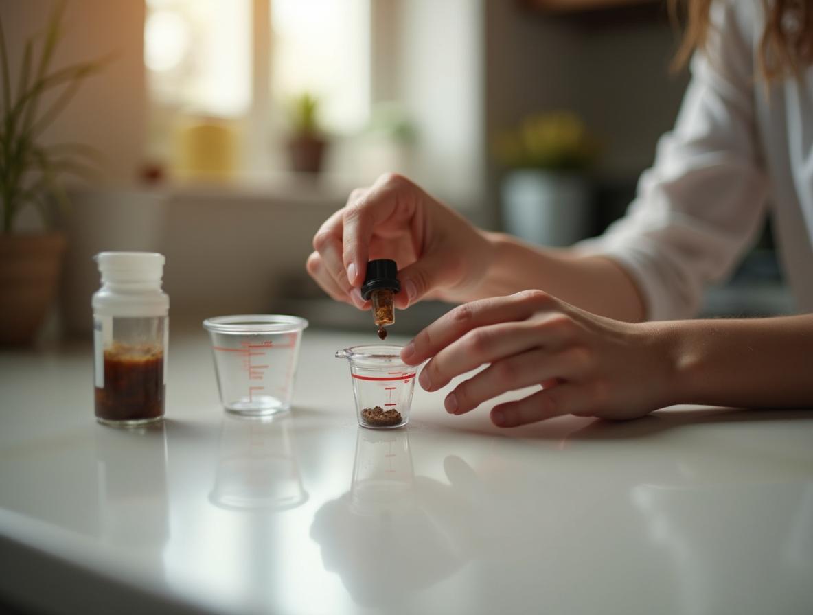 Hands carefully measuring proper kratom serving size from extract bottle