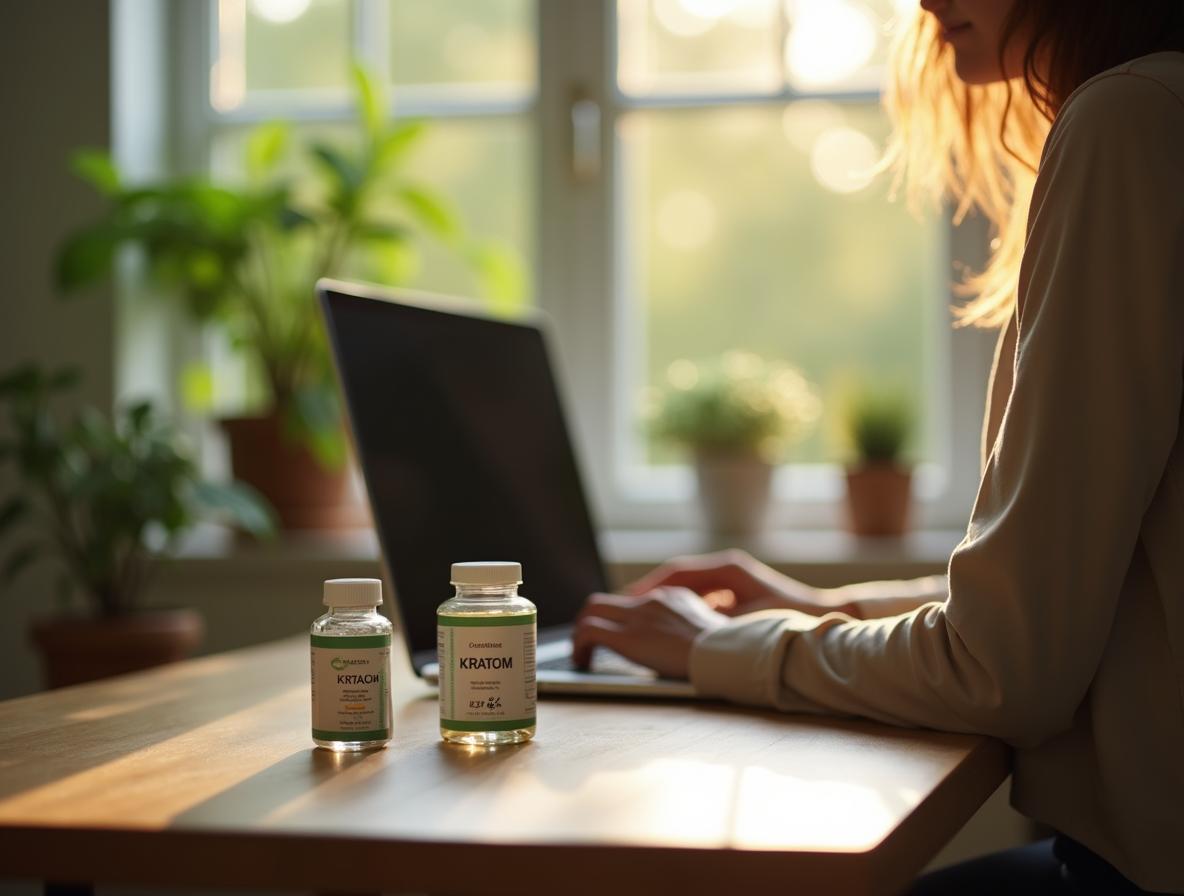 Productive workspace with person working focused at laptop, kratom product nearby