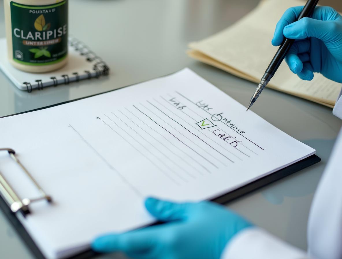 Person checking off quality criteria on checklist with lab reports and kratom product