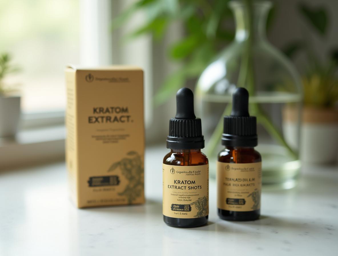 Premium kratom extract shots with clear labeling and quality packaging