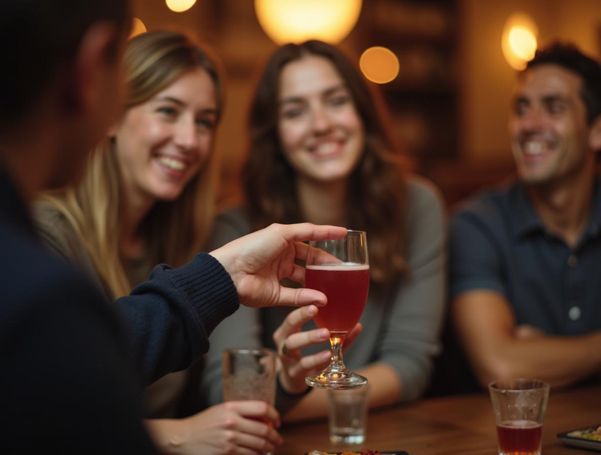 Person confidently declining offer at social gathering with supportive friends