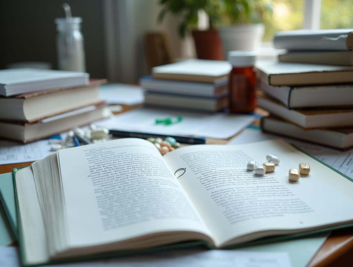 Pharmacy textbooks and study materials on desk