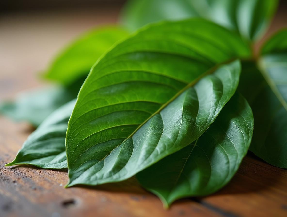 Fresh kratom leaves displayed on wooden surface