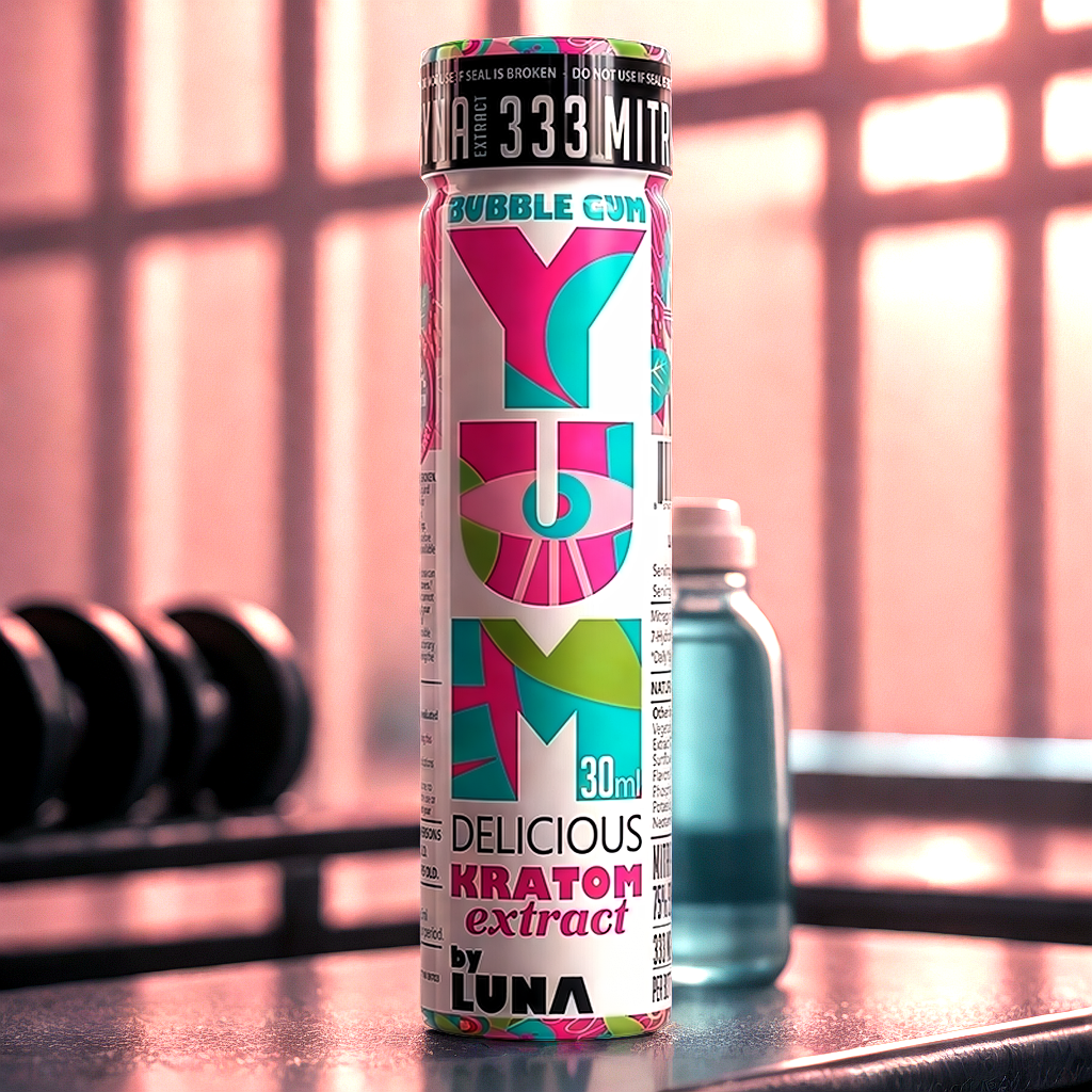 Bubble Gum kratom shot displayed in modern gym setting for pre-workout focus