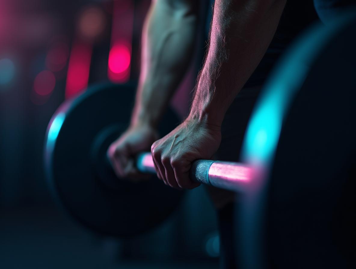 Focused athlete gripping barbell demonstrating mind-muscle connection during training