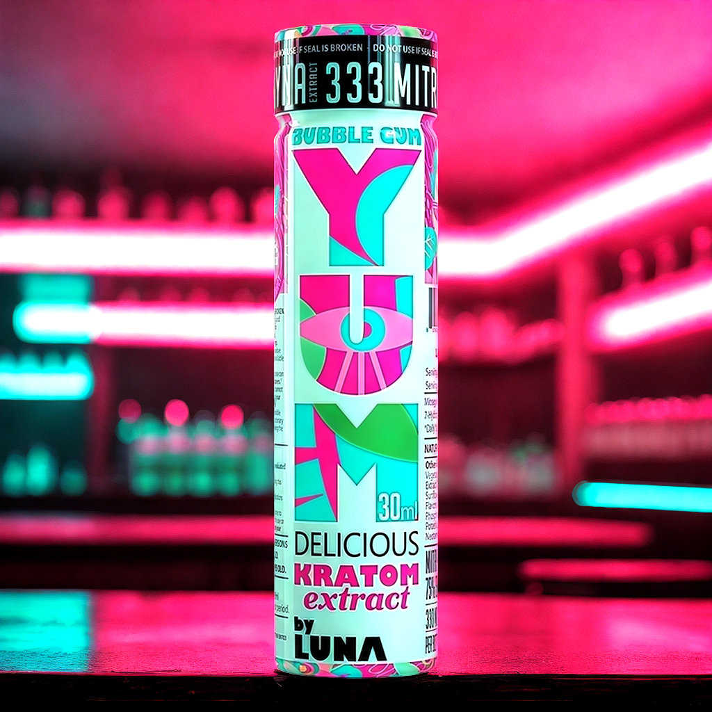 Bubble Gum kratom extract shot in upscale social setting