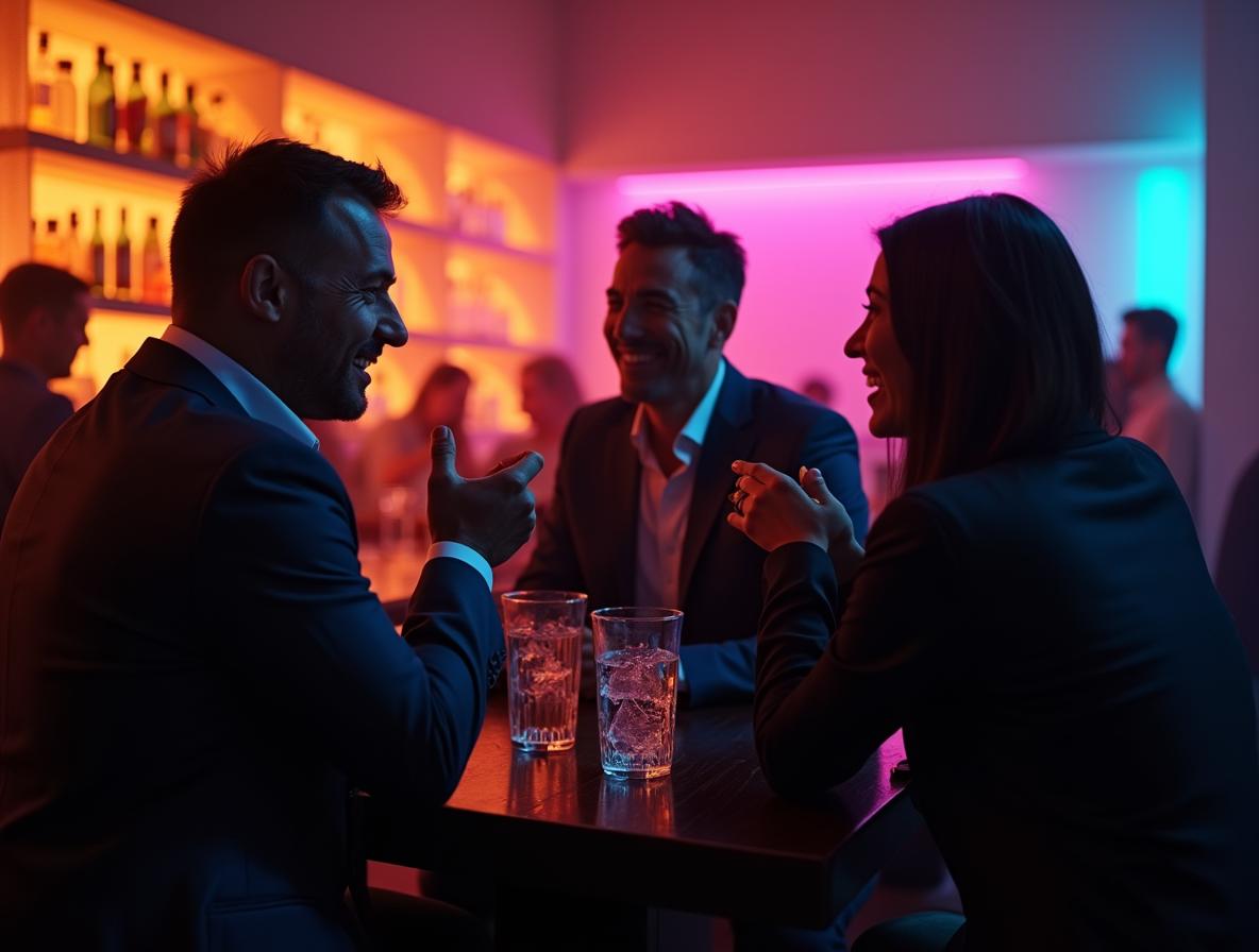 Social networking event atmosphere showing confident professional interactions