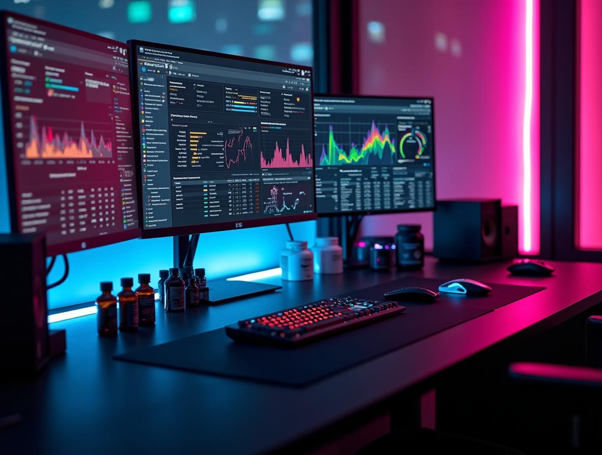 Sophisticated biohacker workspace for supplement research and optimization