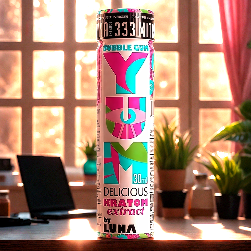YUM Bubble Gum kratom shot on modern desk workspace for energy and focus