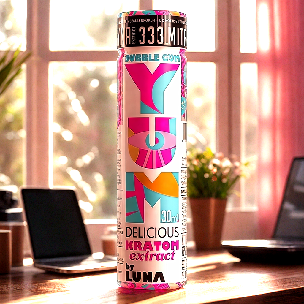 Bubble Gum liquid kratom extract on modern workspace desk