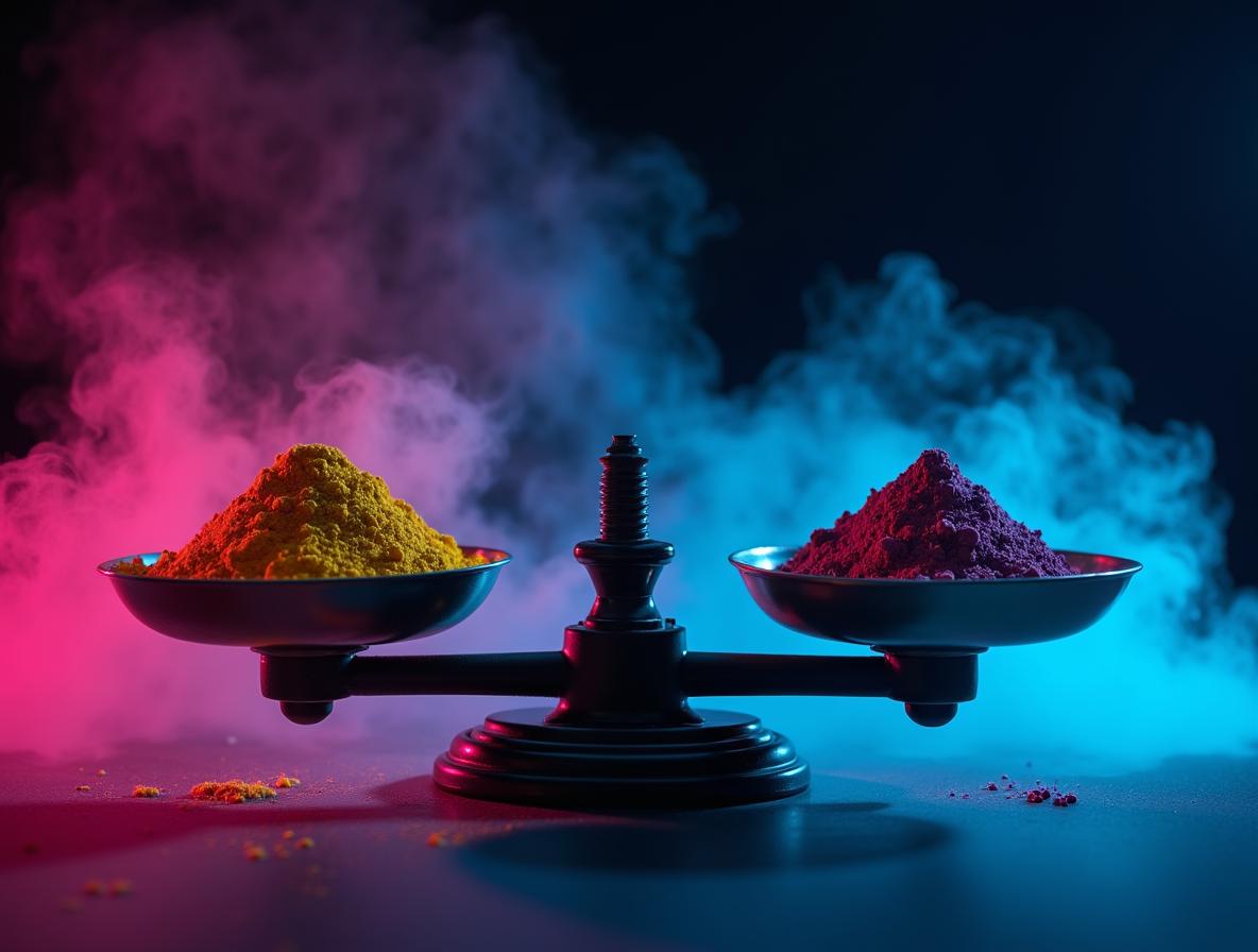 Scientific balance scales showing alkaloid measurement and precision