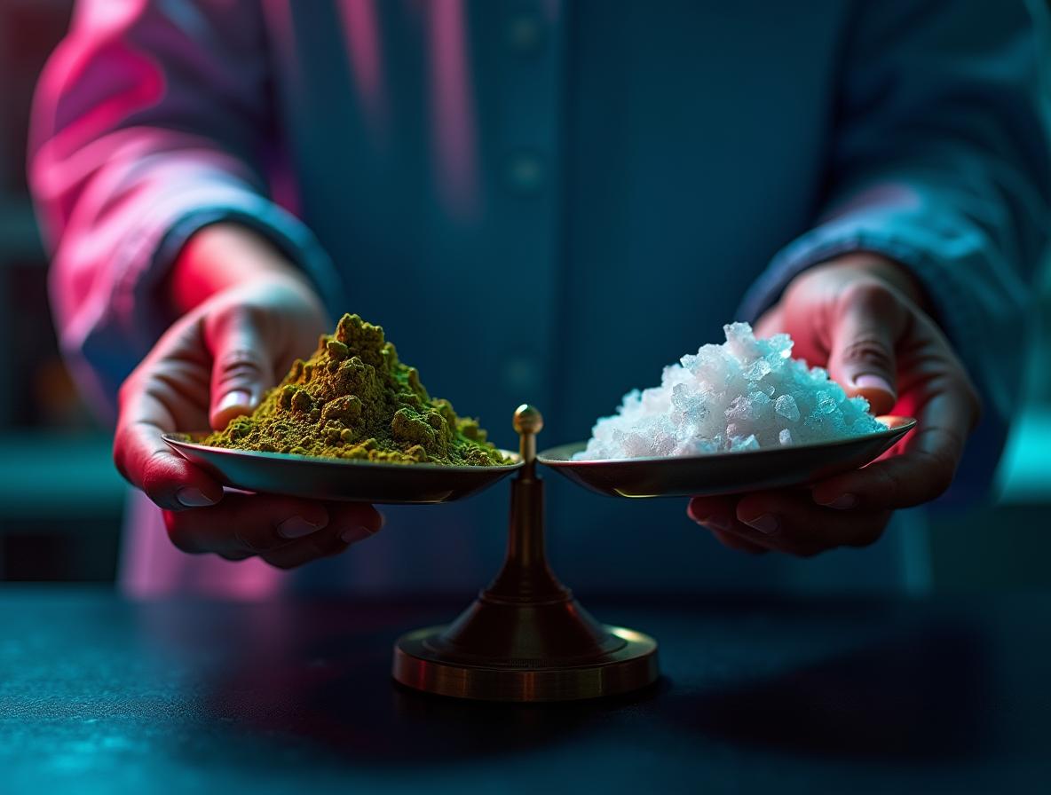 Hands holding balance scale comparing different kratom product concentrations