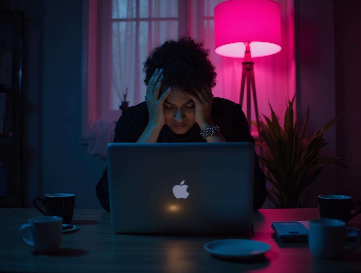 Burned out remote worker surrounded by empty coffee cups showing caffeine dependency