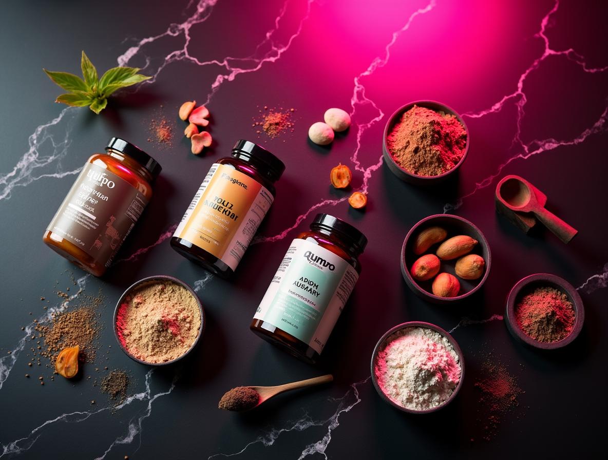 Flat lay of functional wellness products and botanical supplements
