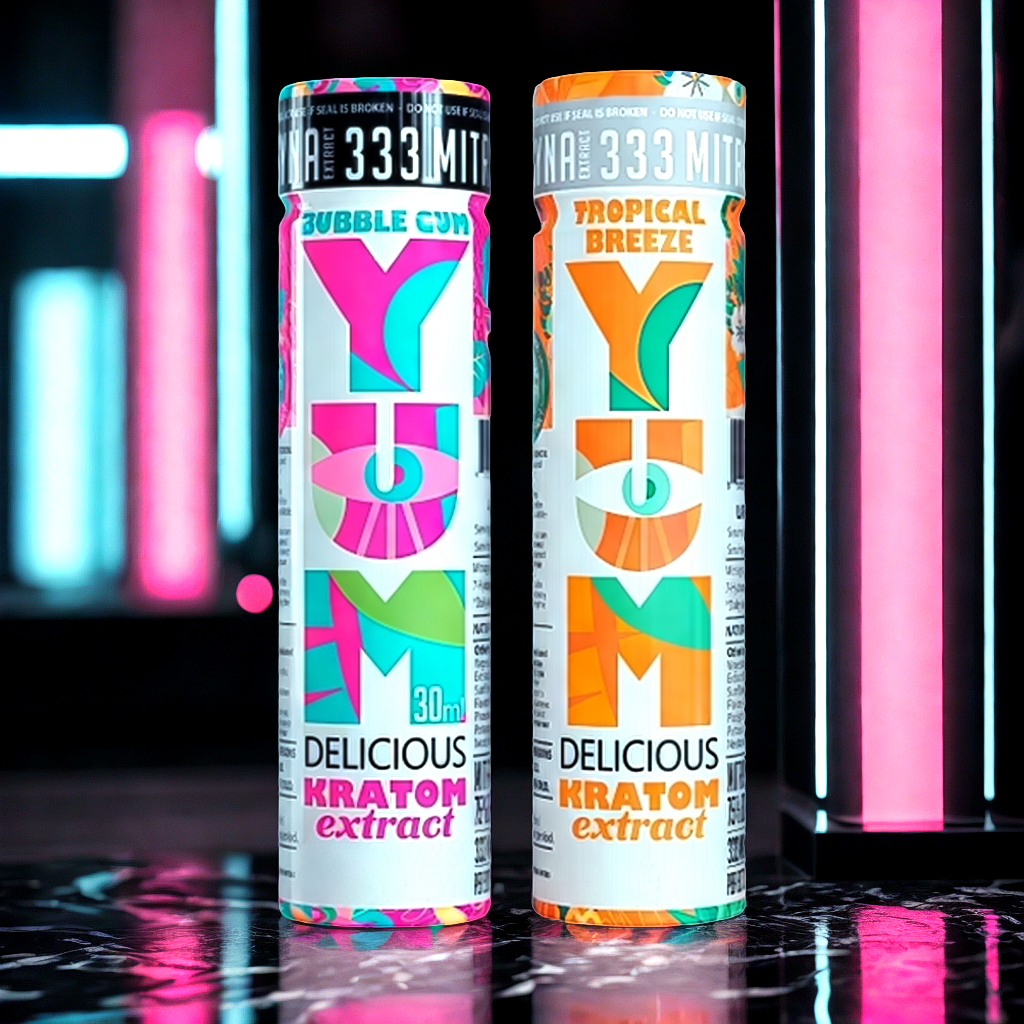 YUM Kratom Sampler Pack on marble surface with neon accent lighting