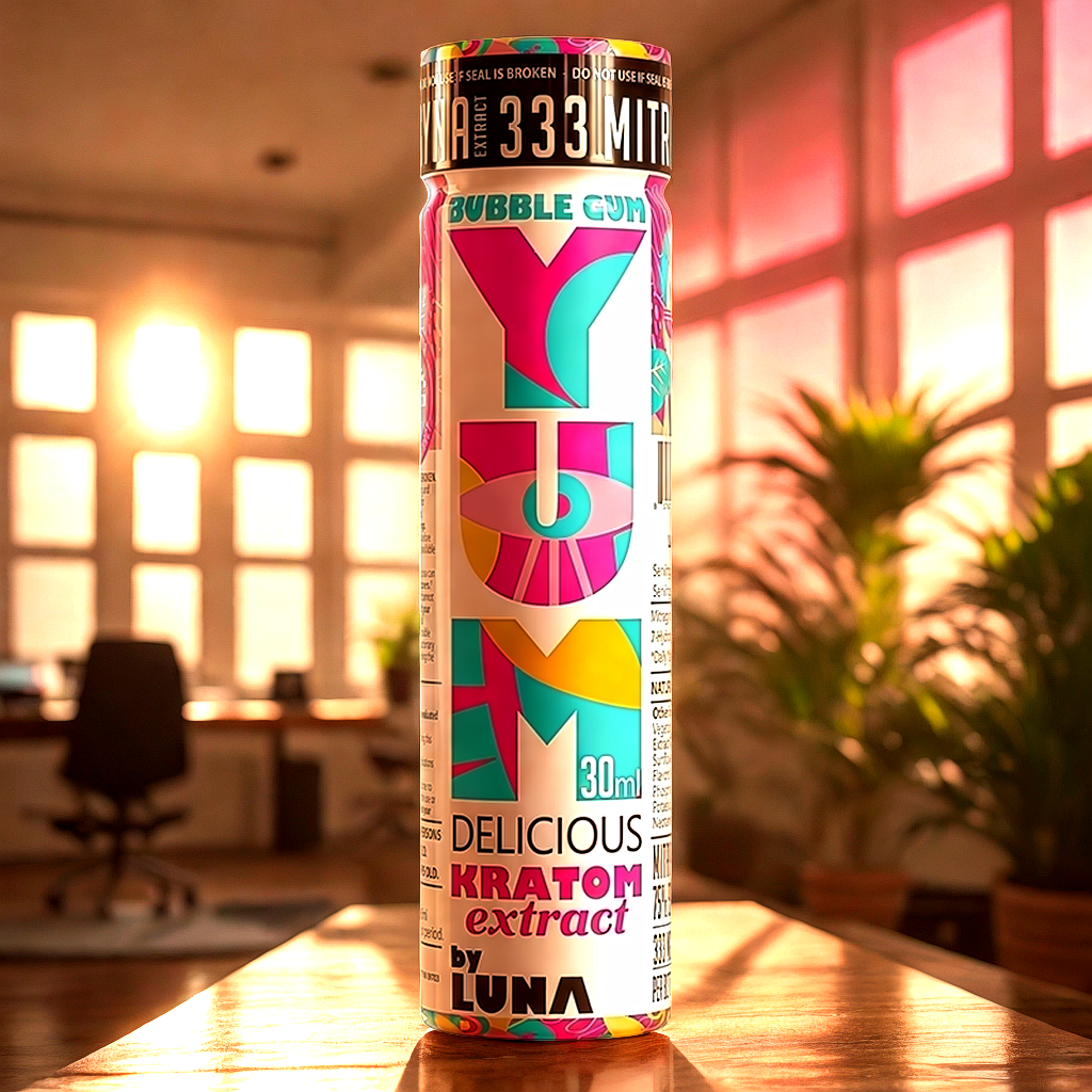 YUM Bubble Gum kratom extract shot for focus and productivity during work hours