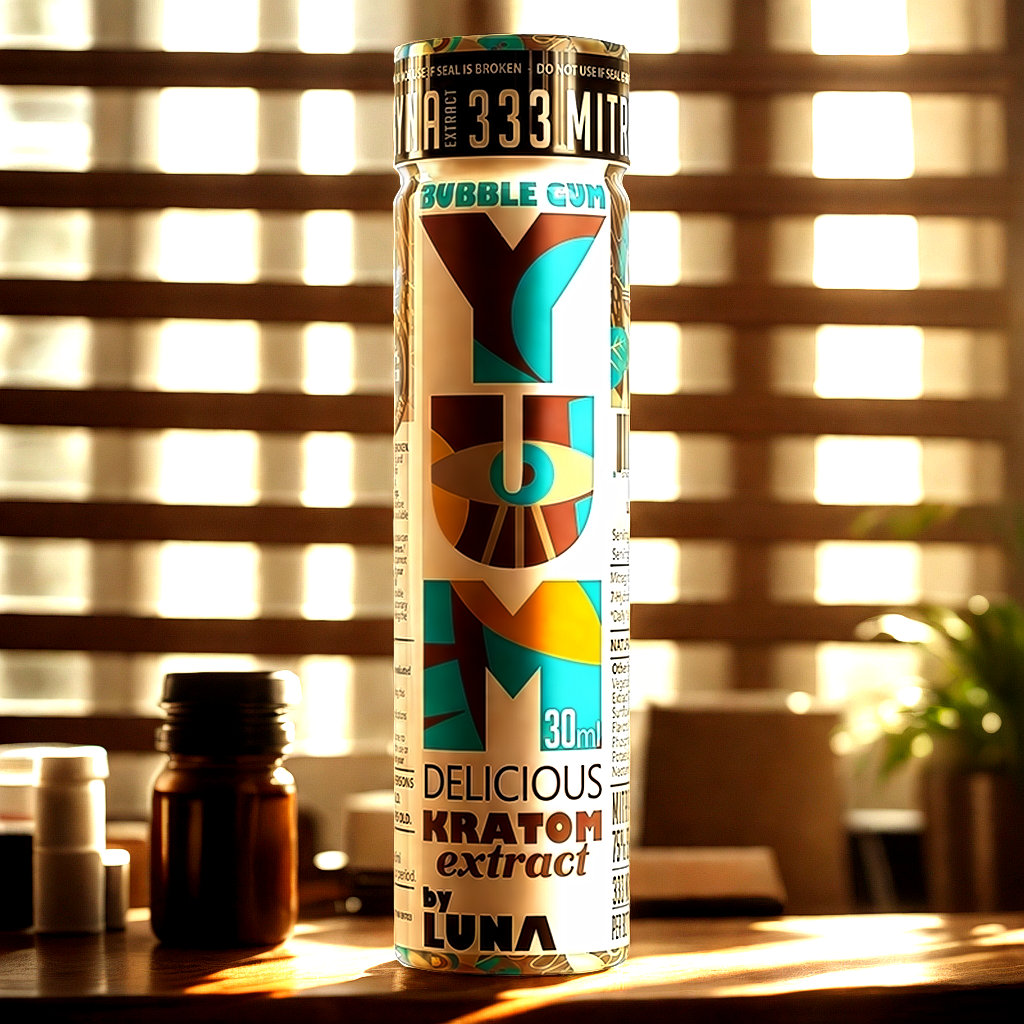 YUM Bubble Gum kratom shot on professional desk for informed consumer use