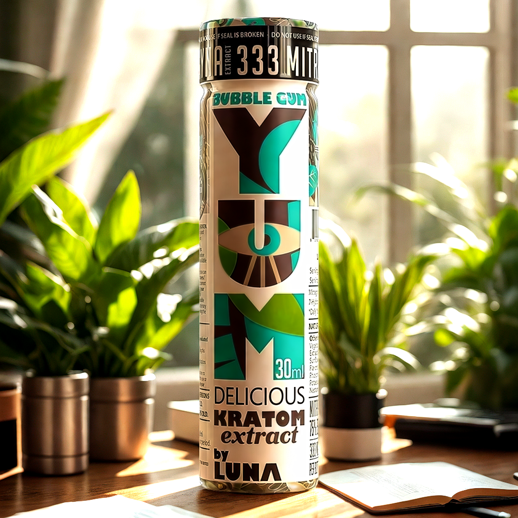 YUM Bubble Gum kratom shot on modern workspace desk for morning routine