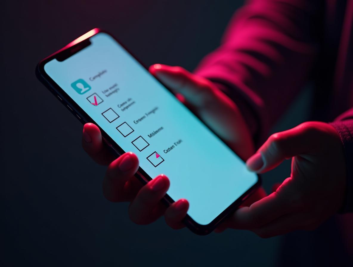 Hands holding smartphone with digital checklist for self-assessment