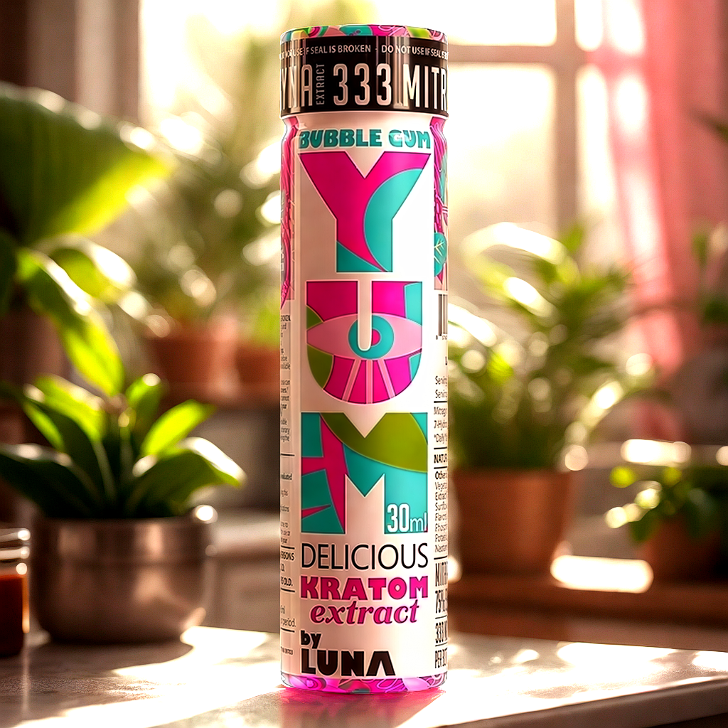YUM Bubble Gum kratom shot on kitchen counter for first-time user