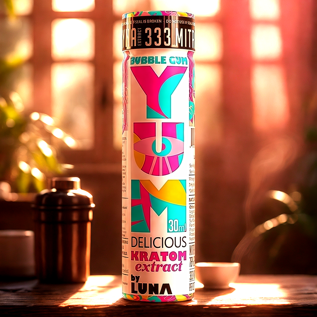 Bubble Gum kratom shot displayed on modern desk workspace