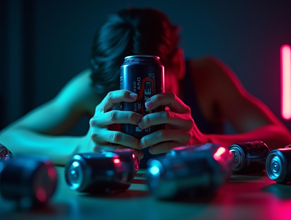 Person struggling with energy drink dependency and fatigue