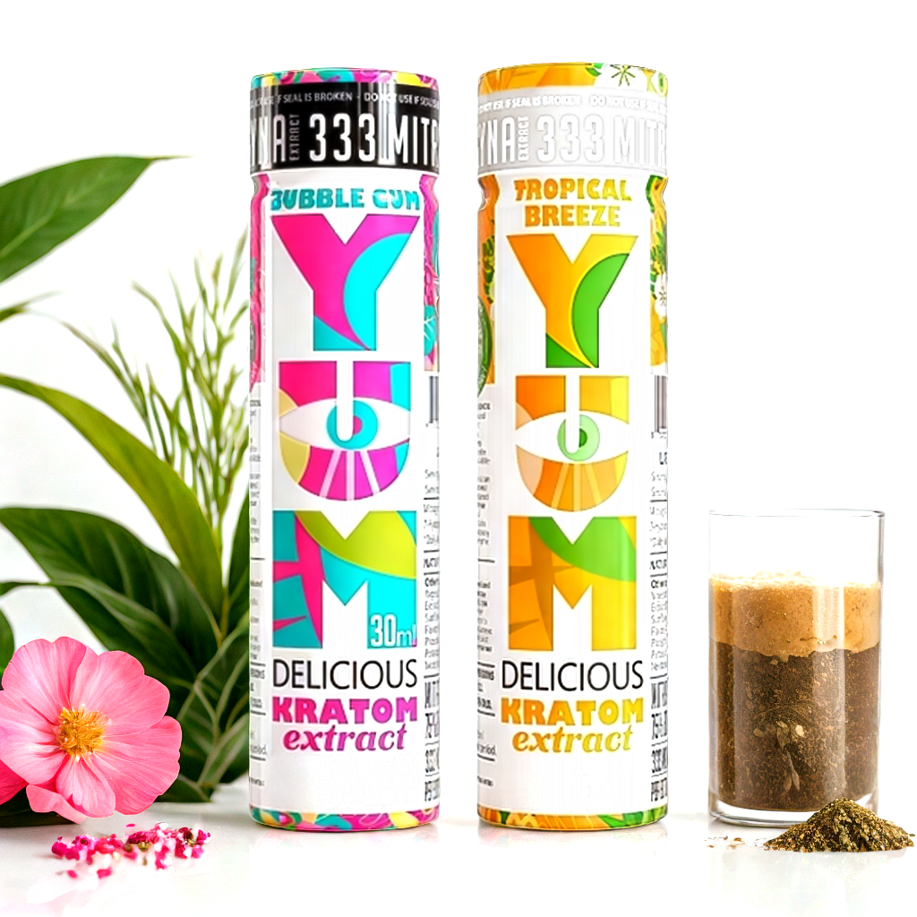YUM kratom sampler pack with water glass showing harm reduction approach