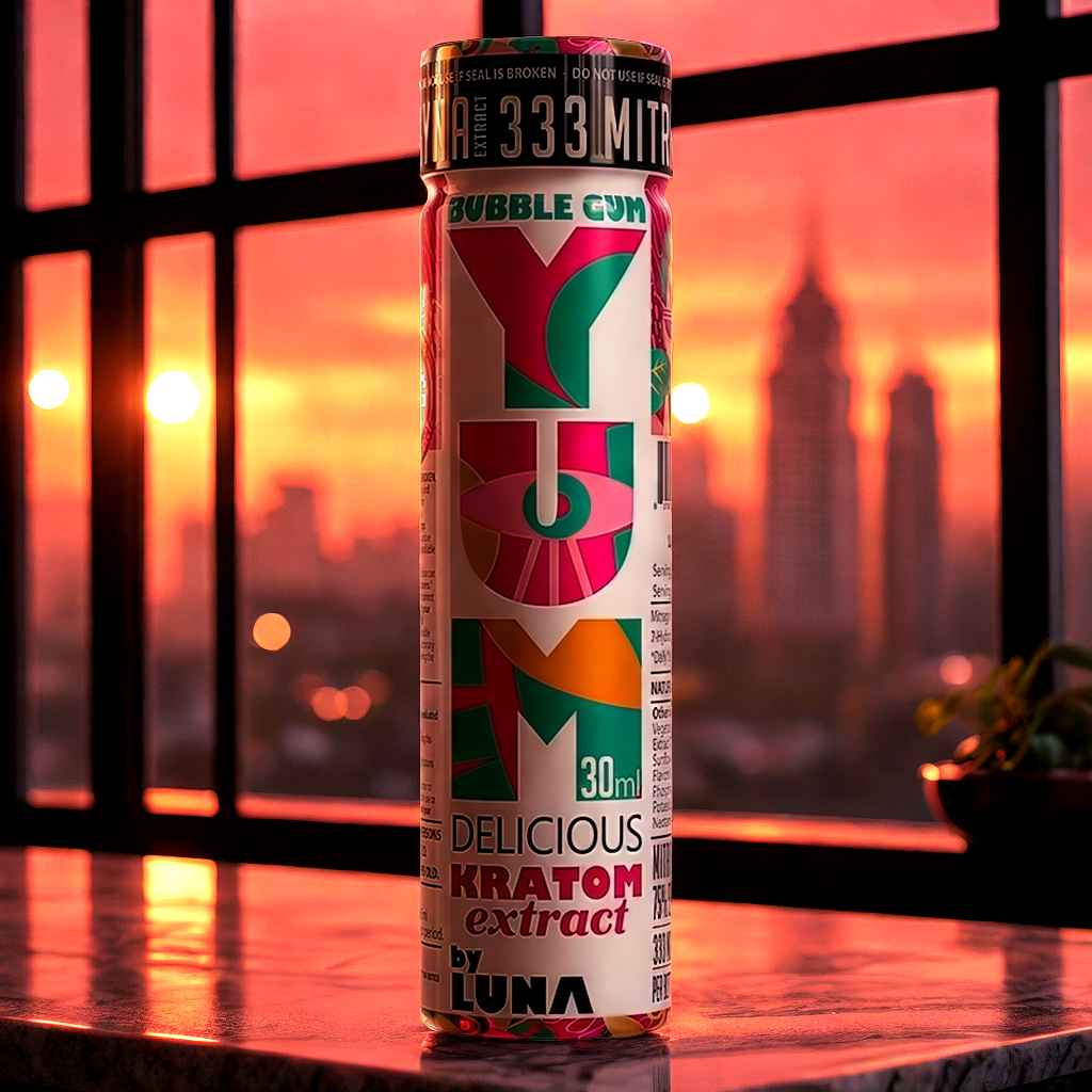 YUM Bubble Gum kratom extract bottle displayed on modern kitchen counter for evening relaxation