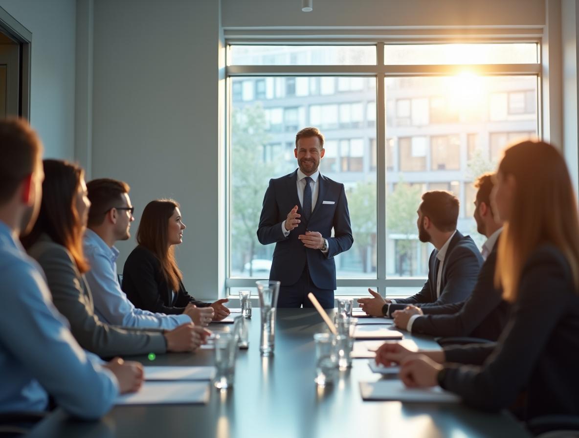 Sharp, focused business meeting showing peak morning performance