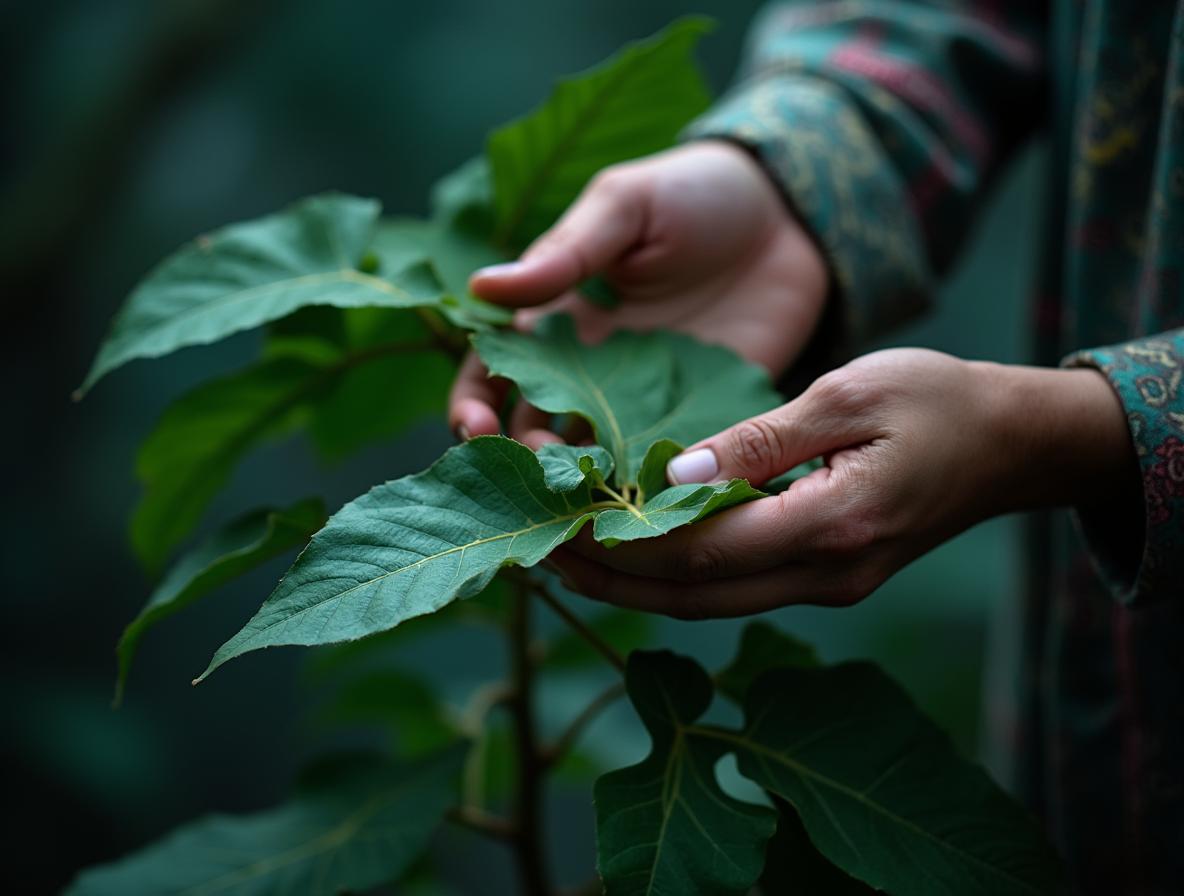 Traditional harvester selecting mature kratom leaves showing careful harvest timing practices