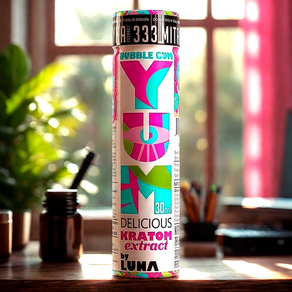 YUM Bubble Gum kratom shot in professional morning routine setting