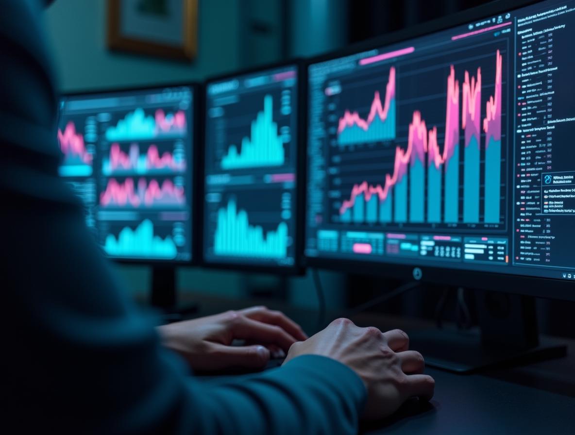 Researcher analyzing medical statistics and adverse event data on computer screens