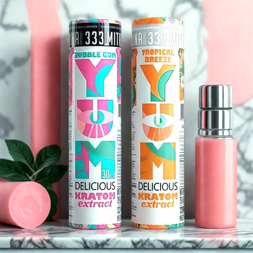 YUM Kratom Bubble Gum and Tropical Breeze Sampler Pack on dark marble surface