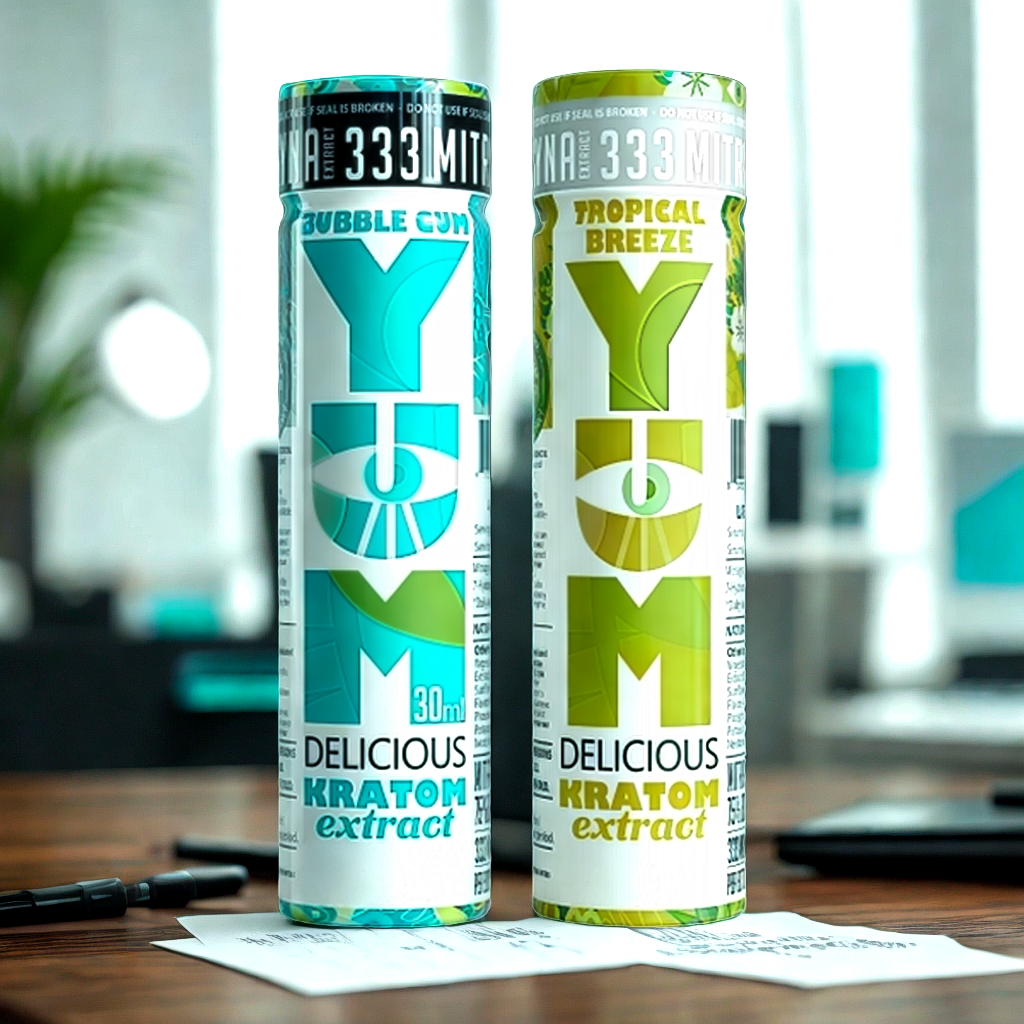 DrinkYum kratom sampler pack with lab testing results on modern desk