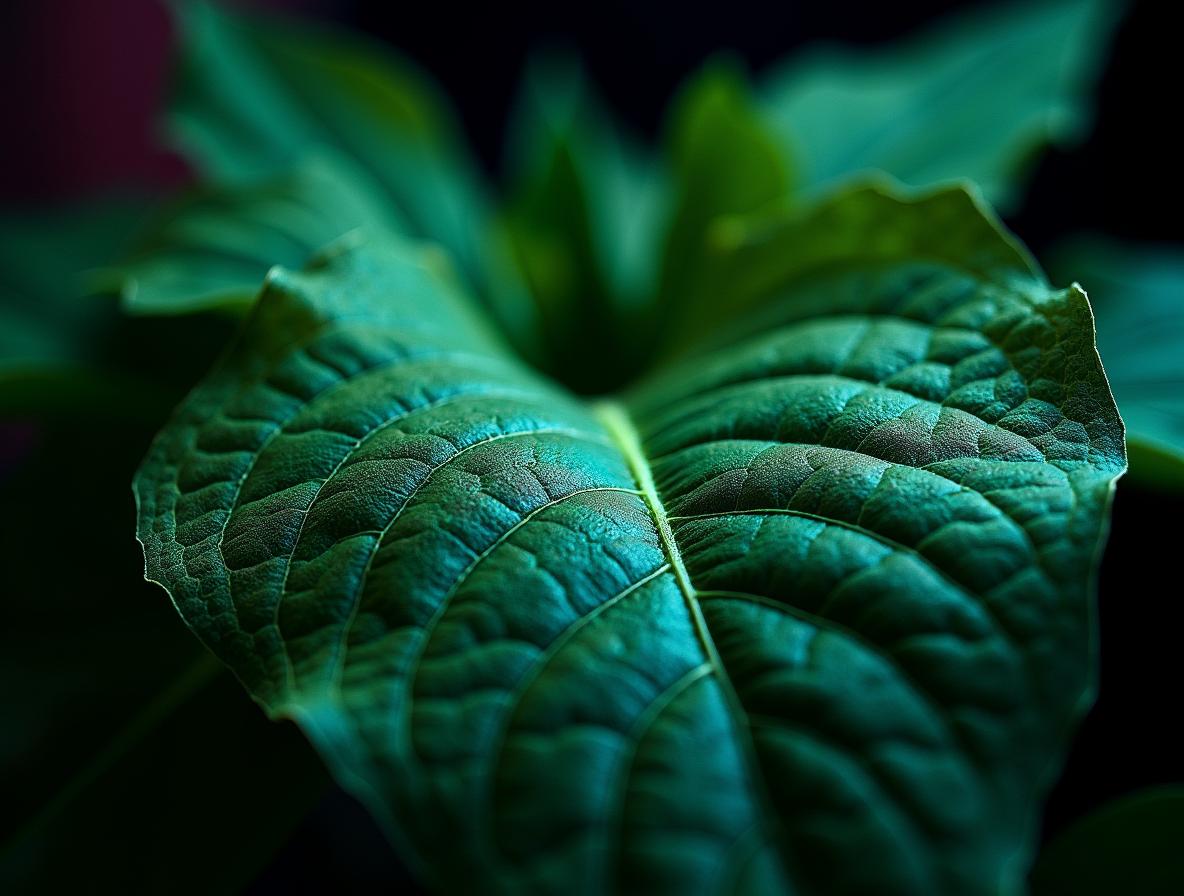 Detailed macro view of fresh kratom leaf showing natural vein structure