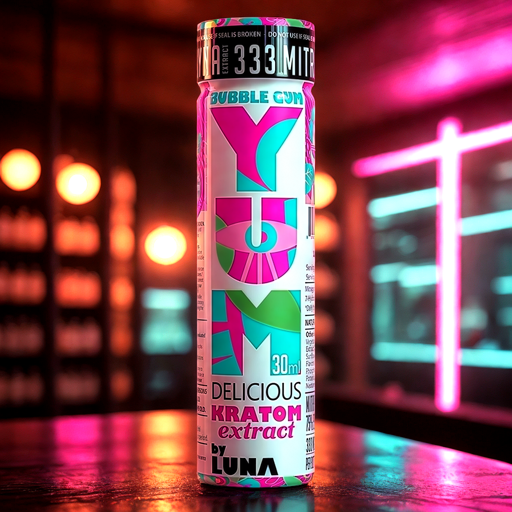 Premium bubble gum kratom extract shot in modern wellness store setting