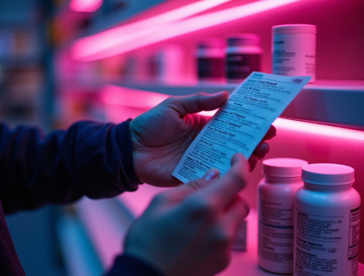 Person carefully reading product labels and testing information