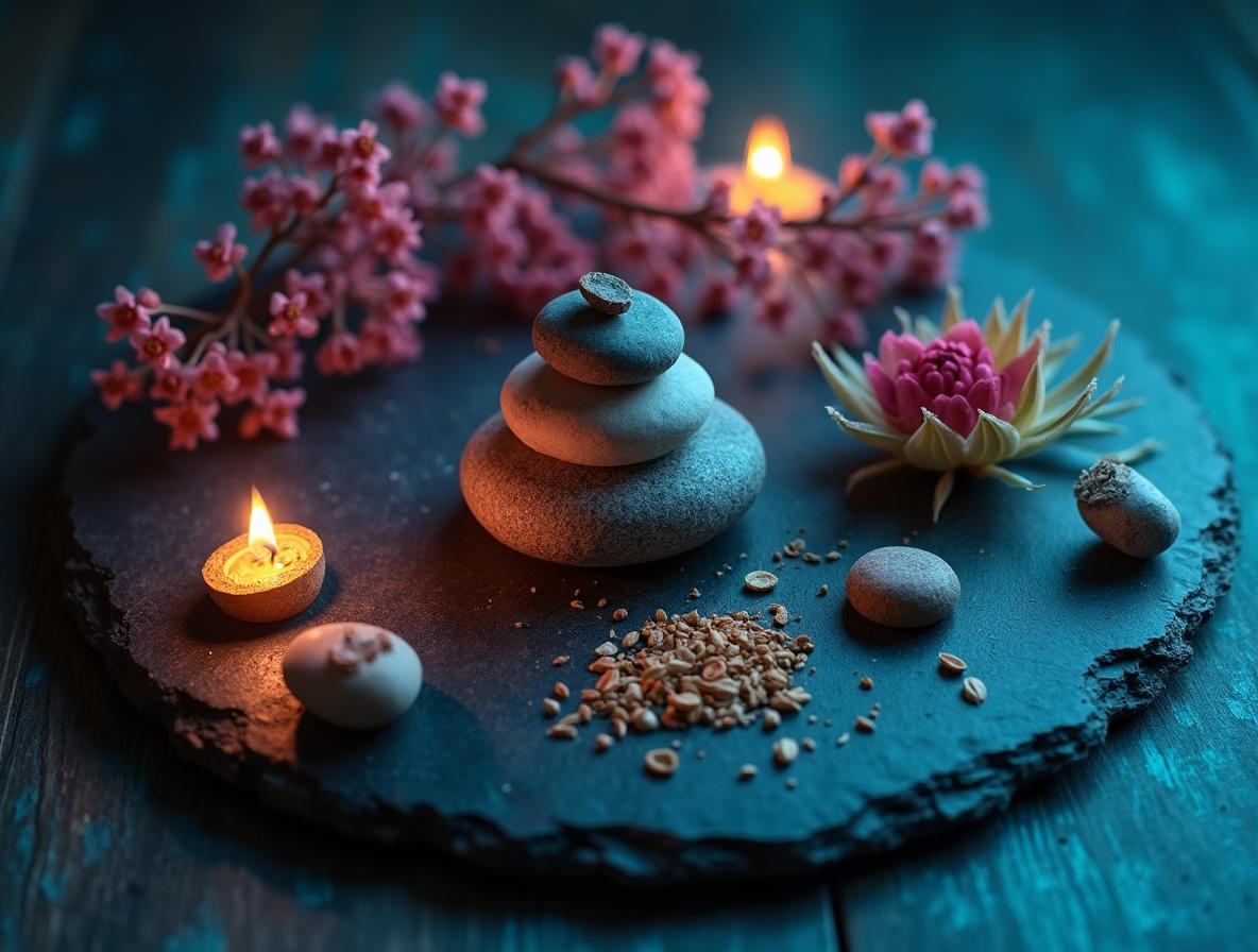 Adaptogenic herbs and botanical elements in zen arrangement representing stress relief supplements