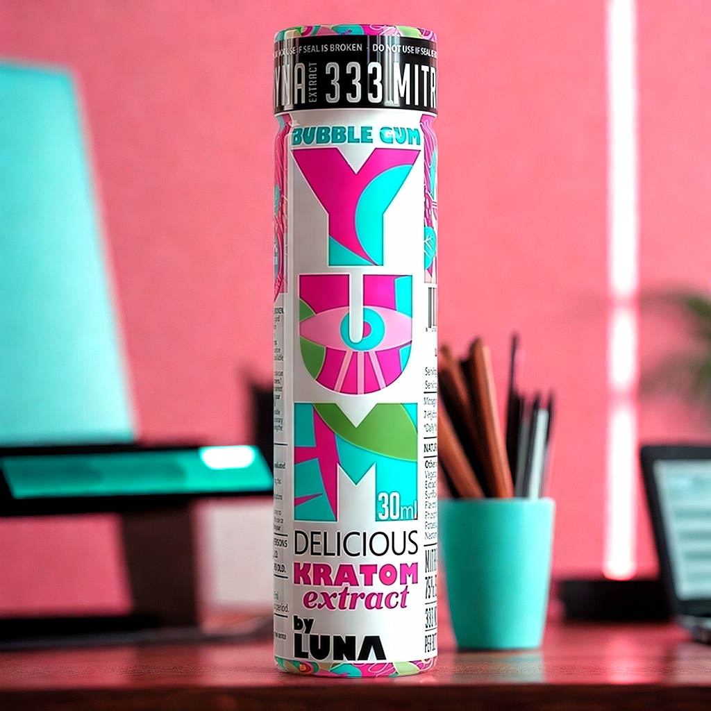 YUM Bubble Gum kratom extract shot in professional workspace setting